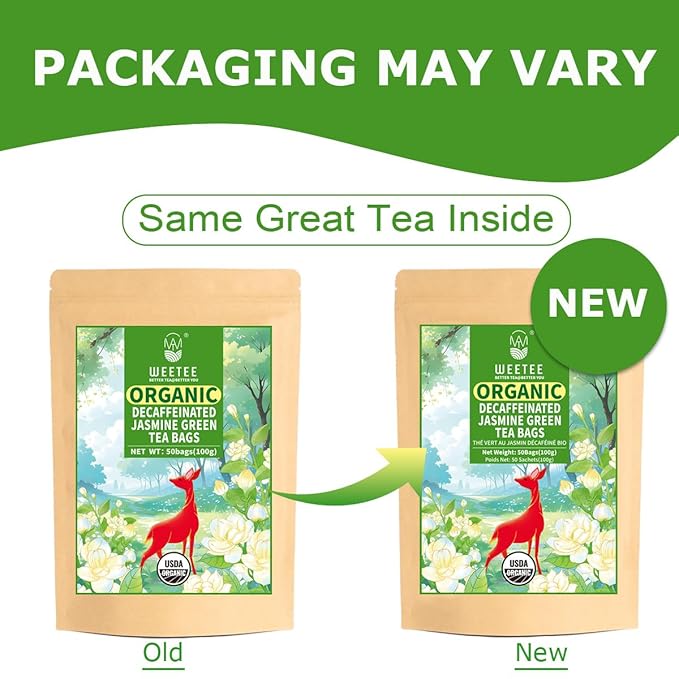 Organic Decaf Jasmine Tea Bags, Decaffeinated Green Tea Infused with Jasmine Aroma, Refreshing & Relaxing, Tagless, Sugar Free