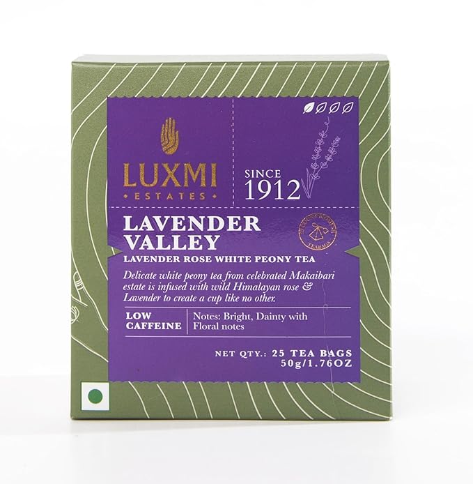 Luxmi Estates - Lavender Valley - Organic Lavender Tea - 25 Tea Bags | With Certified Organic Darjeeling Makaibari White Tea | Light & Fresh Delicate Flavor, Low Caffeine