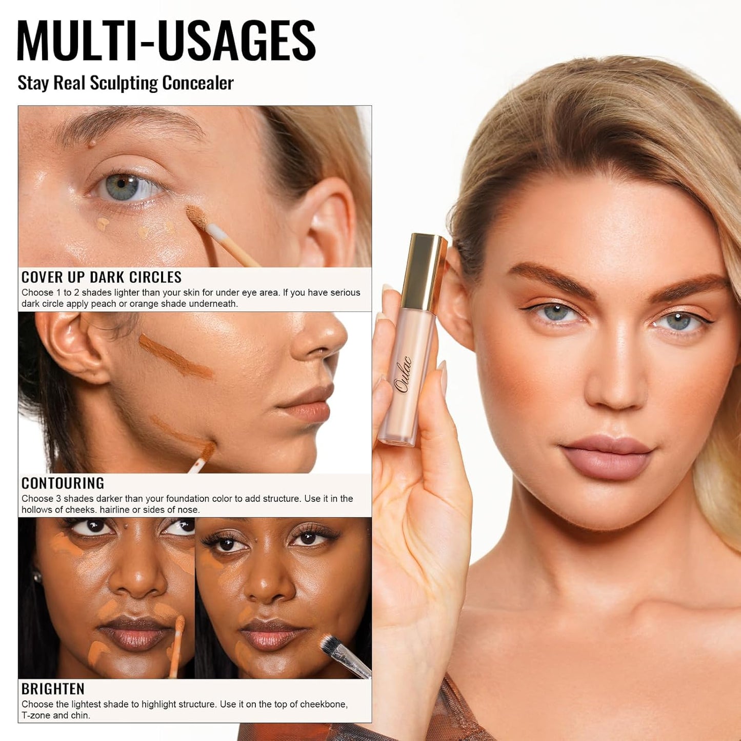 Oulac Concealer Full Coverage, Concealer Stick for Dark Circles, Hydrating Concealer Infused with Hyaluronic Acid, Lightweight, Long Lasting, Vegan Concealer 3.8ml, Shade: C2 Ivory