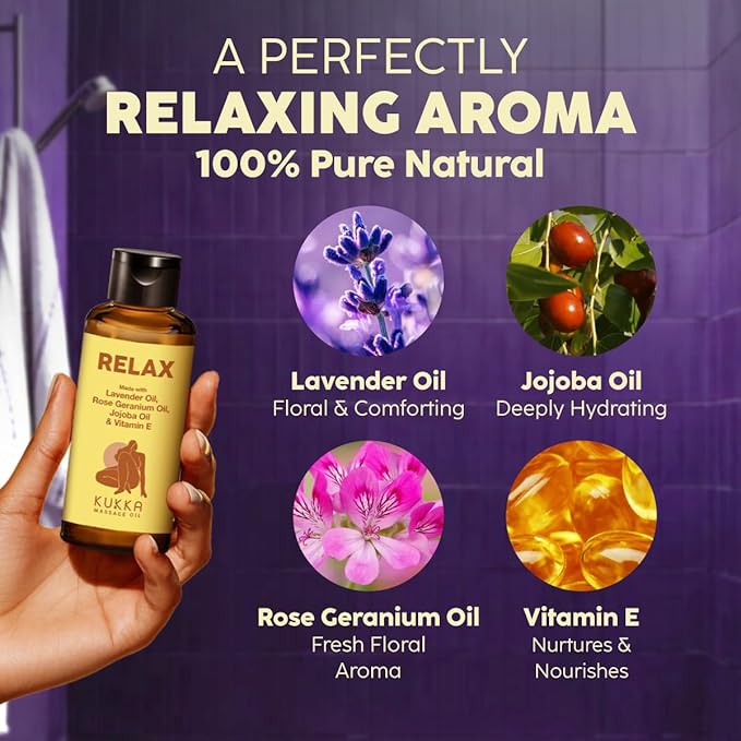 Kukka Relax Massage Oil for Massage Therapy - 3.38 Fl Oz - 100% Pure Natural Full Body Oil Relaxing, Warming for Women & Men, with Lavender, Jojoba, Rose Geranium & Vitamin E