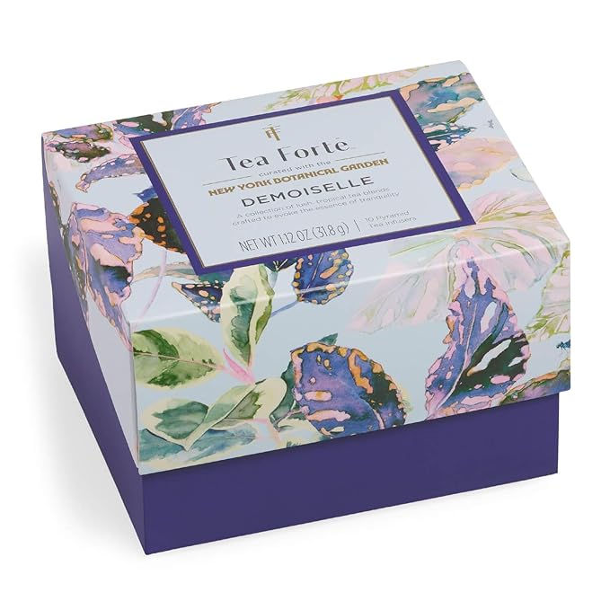 Tea Forte Demoiselle 3-Piece Premium Tea Gift Set with Indigo Cafe Cup and Lid, Tea Tray and 10 Count Mini Presentation Box, 2 of Each Blend Handcrafted Pyramid Infuser Tea Bags
