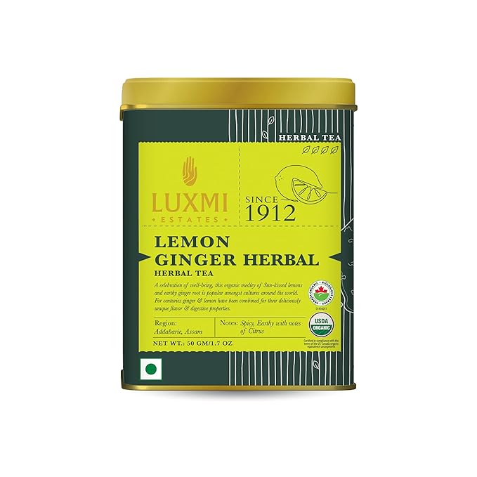 Luxmi Estates Lemon Ginger Root - 50gm Tin Loose Leaf | Certified Organic Herbal Tea | Citrus Flavor & Aroma | Lemon Peel, Ginger, Lemongrass, Licorice