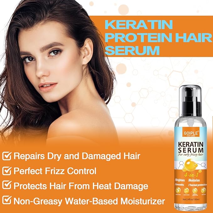Keratin Hair Serum for - Heat Protectant with Castor Oil Treatment for Frizzy, Dry & Damaged Hair - Nourishes and Repairs Hair for Shine and Softness
