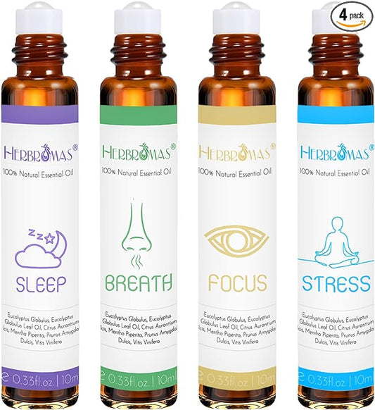 Aromatherapy Oils Roller Set, Natural Pre-diluted Essential Oils Roll On with Glass Rollerball, Relaxation Gift for Women & Men, Christmas Gift, Pack 4 x 0.33fl.oz