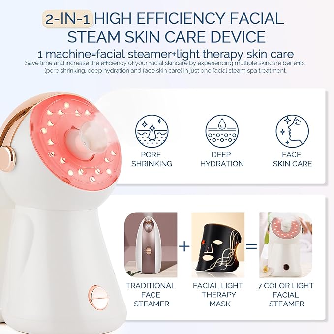 Facial Steamer,with 7 Colors Led Light,Face Steamer for Facial Deep Cleaning,Warm Mist Nano Ionic Steamer for Face Spa Kit,Face Humidifier,Facial Sauna Use at Home, Gift for Women（Rosegold with Light）