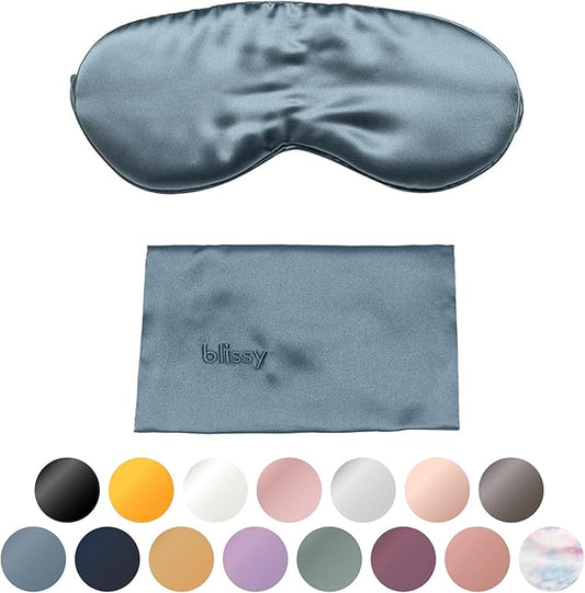 Blissy Silk Sleep Mask - Silk Eye Sleeping Mask for Women & Men for Total Blackout - 100% Pure Mulberry Silk, 22 Momme 6a Fibers - Blindfold Silk Sleep Mask Side Sleeper Eye Cover (Ash Blue)