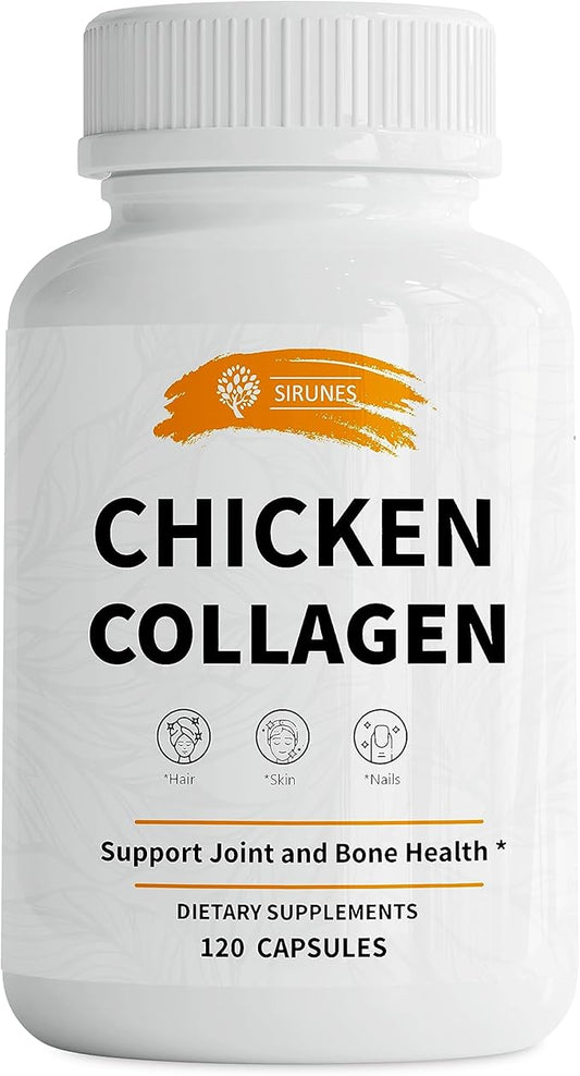 SIRUNES Chicken Collagen Capsules - Type II Collagen Nutritional Supplement for Joint, Skin & Bone Support - Non-GMO, Anti-Aging Dietary Supplements with Hydrolyzed Collagen Peptides - 120 Capsules