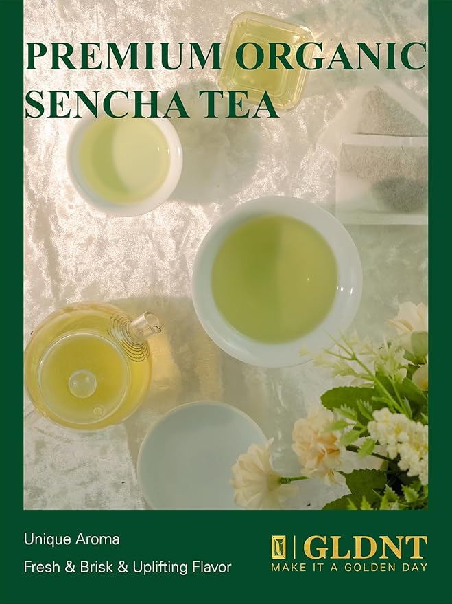 GLDNT Organic Sencha Tea Bags, Natural Organic Sencha Green Tea, Fresh & Smooth Flavor, Iced & Hot Tea, 100 Count