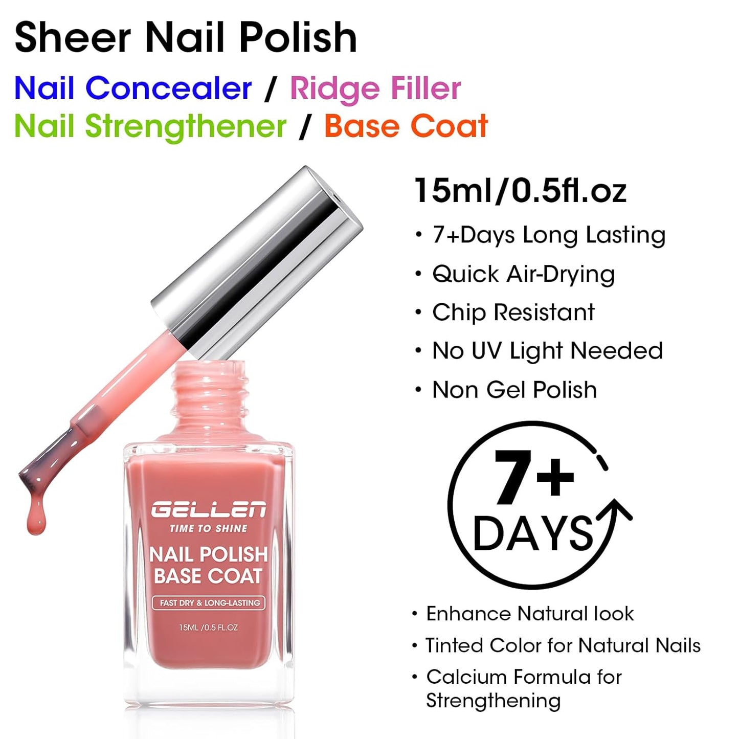 GELLEN 4-In-1 Illuminating Nail Concealer Base Coat Polish Dusty Rose Pink, Sheer Nail Strengthener Ridge Filler for Nails, Calcium Formula Smoothes Strengthens Nails, Quick Dry, Hema Free, Non-toxic