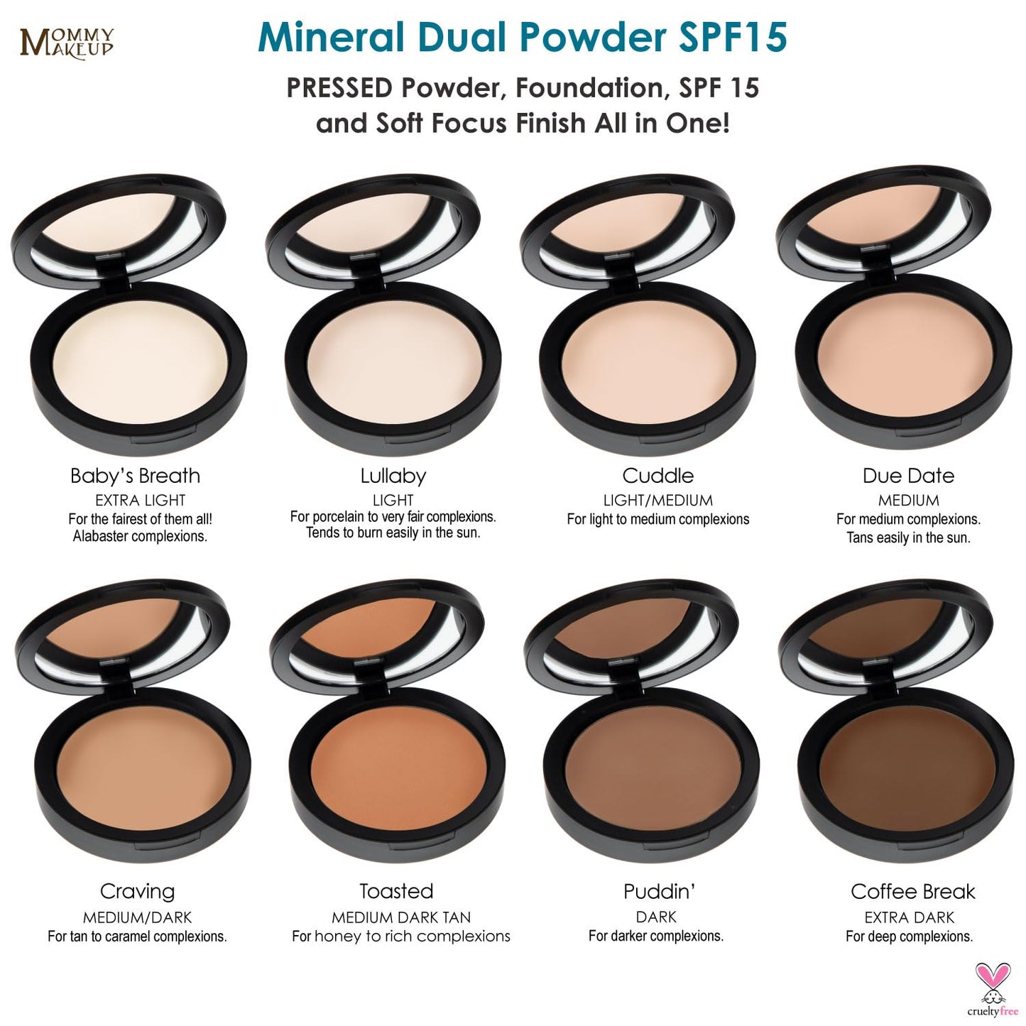 Mineral Dual Powder in Cuddle (Light/Medium) | 4-in-1 Pressed Mineral Foundation with SPF 15 for Flawless Glow & Soft Looking Skin | Oil Free, Talc Free, Gluten Free | 0.45 Oz | by Mommy Makeup