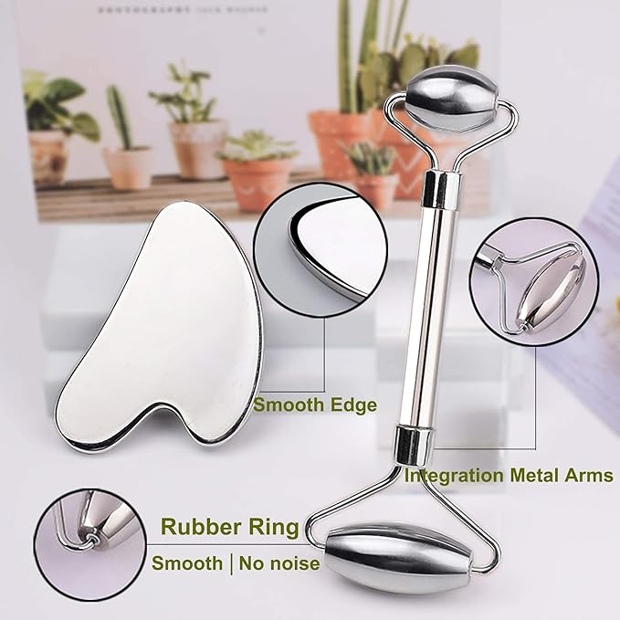 Gua Sha Facial Tools Stainless Steel Face Roller and Gua Sha Set for Puffiness and Skin Care Routine,Lymphatic Drainage, Facial Tension