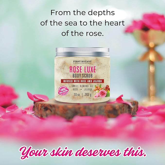 First Botany Body Scrub - Natural Exfoliating Salt Scrub & Body and Face Souffle helps with Moisturizing Skin, Acne, Cellulite, Dead Skin Scars, Wrinkles (10 fl oz, Rose)