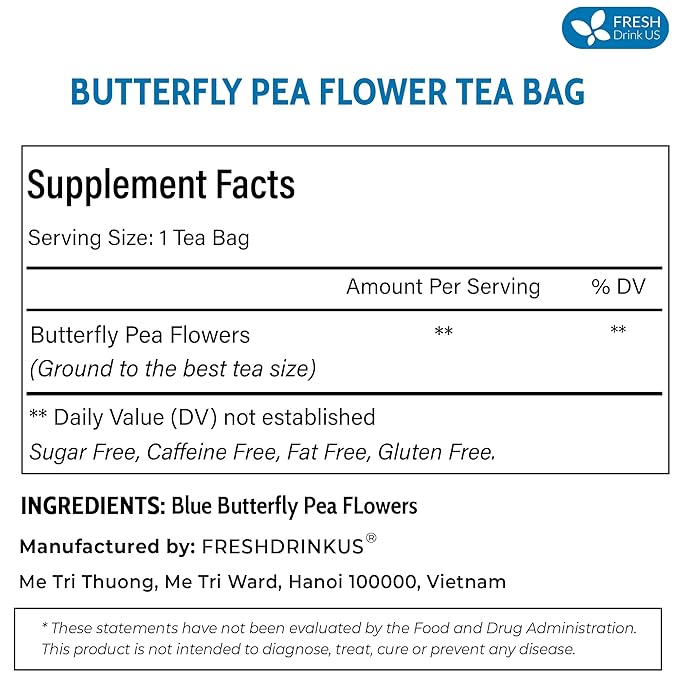 FreshDrinkUS, Premium 100 Blue Butterfly Pea Flowers Tea Bags, 100% Natural and Pure from Butterfly Pea Flowers, Made With Natural Material Tea Bag, No Sugar, No Caffeine, No Gluten, Vegan