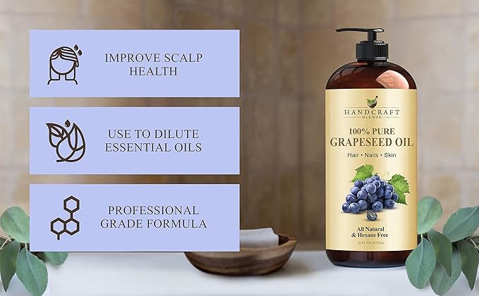 Handcraft Blends Grapeseed Oil - Cold-Pressed 16 Fl Oz (Pack of 2) - 100% Pure and Natural - Premium Grade Carrier Oil for Skin and Hair - Hair and Body - Massage - Hexane-Free