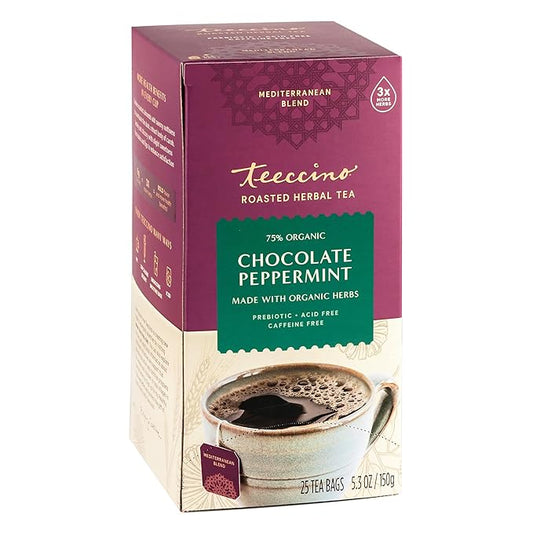 Teeccino Chocolate Peppermint Herbal Tea - Enjoy Hot or Iced Tea with Cooling Peppermint, Cocoa & Chicory, Prebiotic, Caffeine Free, Acid Free, 25 Tea Bags