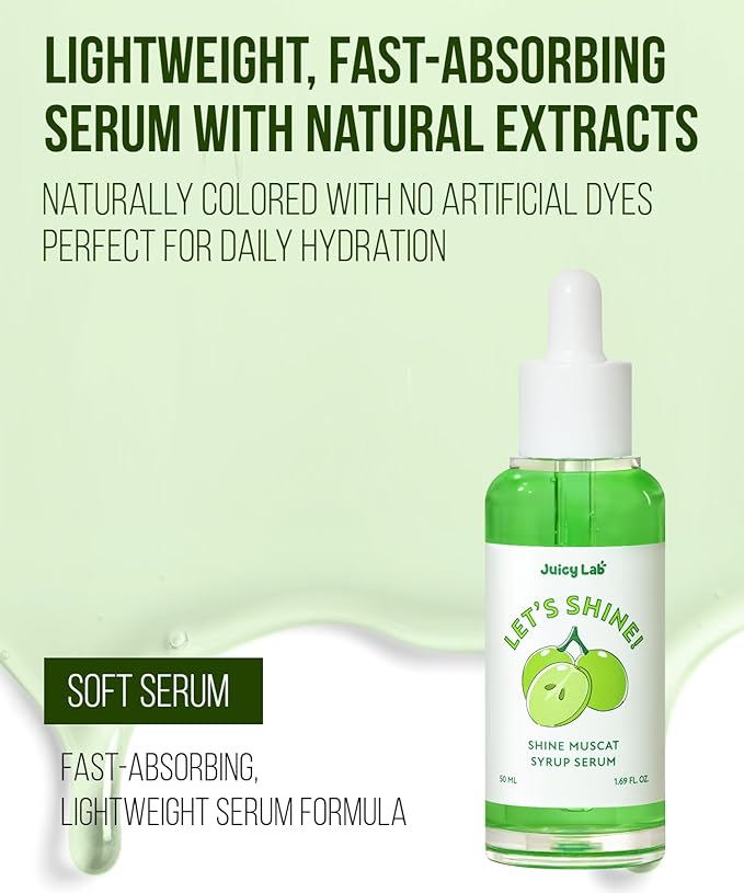 Let's Shine! Shine Muscat Syrup Serum 1.69 fl. oz(50ml) - Hydrating & Calming Face Serum with Hyaluronic Acid, Vitamin B5 & C, Perfect for Sensitive Skin, Fast Absorbing & Lightweight