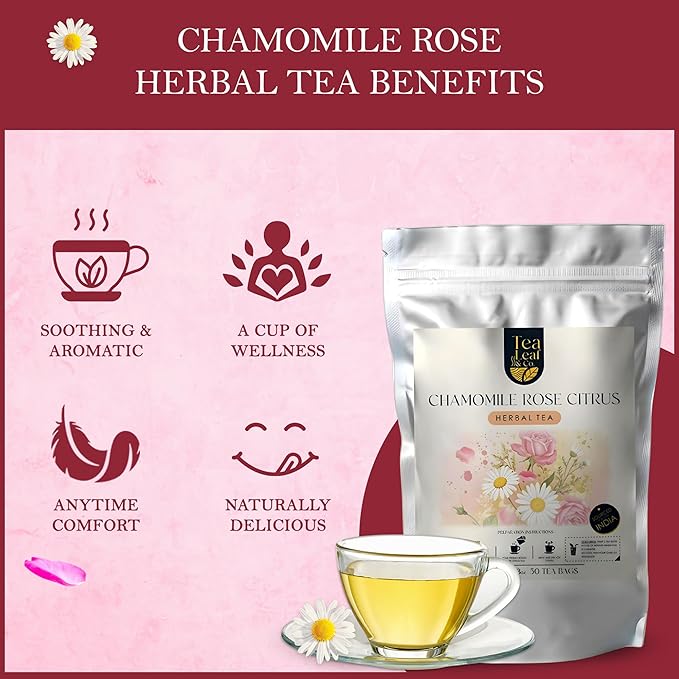 Tealeaf & Co. Chamomile Rose Citrus Herbal Tea Bags - Organic Chamomile Tea Bags with Rose Petals, Orange Peel, Lemon Grass, Hibiscus & Mint Leaves - Low Caffeine - Gluten Free - 50 Teabags
