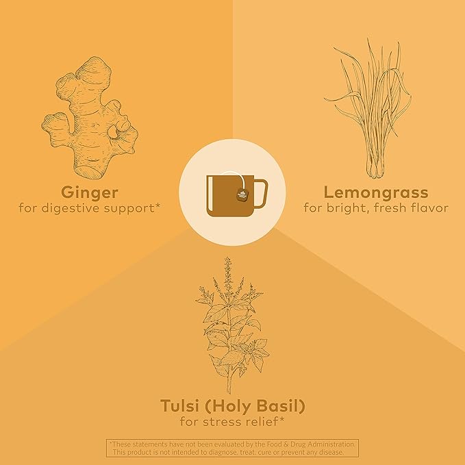 ORGANIC INDIA Tulsi Lemon Ginger Tea Bags - Herbal Tea, Stress Relieving & Reviving, Immune Support, Aids Digestion, Vegan, USDA Certified Organic, Non-GMO, Caffeine-Free - 18 Infusion Bags, 3 Pack
