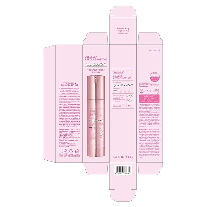 VT COSMETICS Collagen Reedle Shot 100, Collagen Microneedling Serum, Firming & Elasticity, 500Da Collagen Extract, Soft & Glass Skin, Pink Collagen Serum, Korean Skin Booster 1.69Fl Oz(50ml)