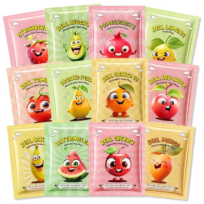 Kaely 12 Pack Fruit Face Masks for Kids, Kids Face Mask Spa Day kit Supplies, Spa Party Favors for Teens Girls Women, Sheet Facial Mask Skincare Gifts Set, Moisturize Soothe for All Skin Types, 02