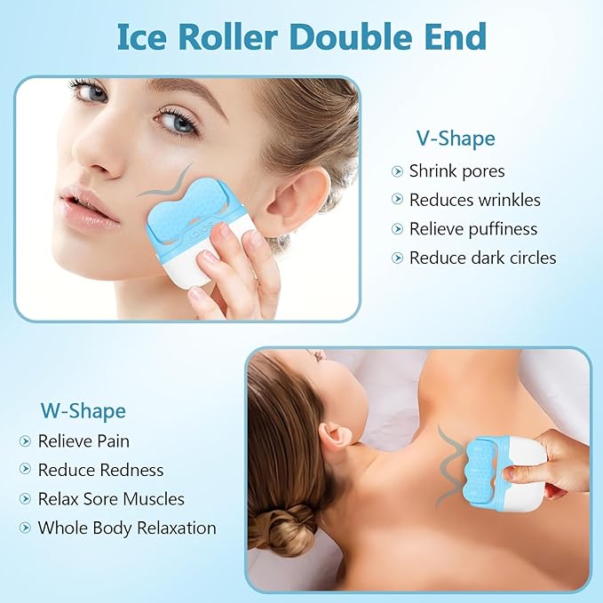 Ice Roller for Face, Double Ended Facial Ice Roller with Travel Case, Facial Skin Care Tools with 2 in 1 Roller, Cryotherapy Ice Roller Massager to Relieve Migraine Pain, Eye Puffiness, Redness, Pain