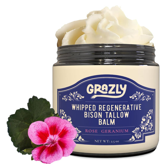 Whipped Bison Tallow Balm w/Manuka Honey, Jojoba, Rose Geranium Oil - Grass-Fed & Finished Organic Tallow Face Moisturizer - Face & Body Cream for Acne-Prone Skin - Nourishing Skincare (2.5oz)