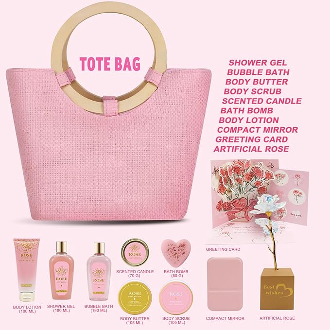 Spa Luxetique Gift Baskets for Women, Mothers Day Gifts for Mom, 11pcs Rose Sets, Relaxing Bath Sets for Women