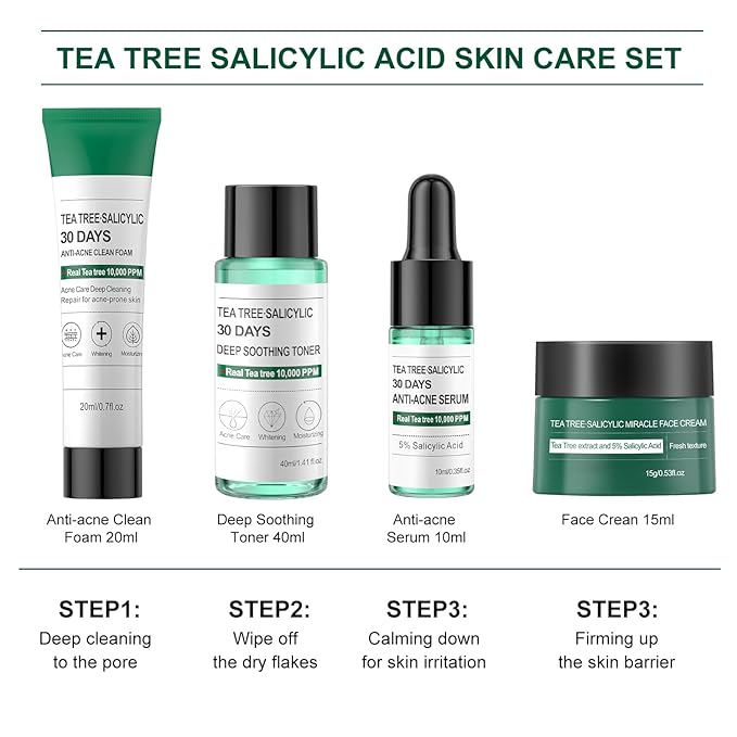 Skincare Mini Kit, Tea Tree Skin Care Sets & Kits, Acne Skincare Set Gifts, Anti Acne Facial Kit Gifts for Women,Cleanser, Toner, Serum, Cream,Oil Control Facial Kit, Airplane Friendly Sizes