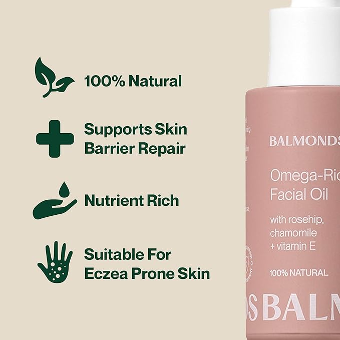Balmonds Omega Rich Facial Oil, 100% Natural Skin Oil for Dry & Sensitive Skin, Fragrance Free & Made with Vitamin E Oil, Vegan & Cruelty Free (1.1 oz)