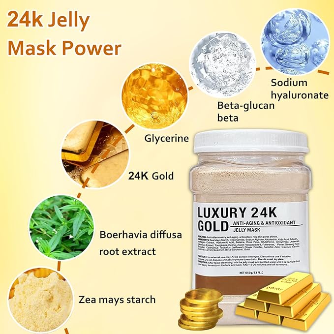 Jelly Mask Powder for Facials,Aloe Vera Jelly Masks For Facials Professional, 24K Gold Jelly Face Mask,Face Masks with Double-ended Silicone Brush, 23 Fl Oz