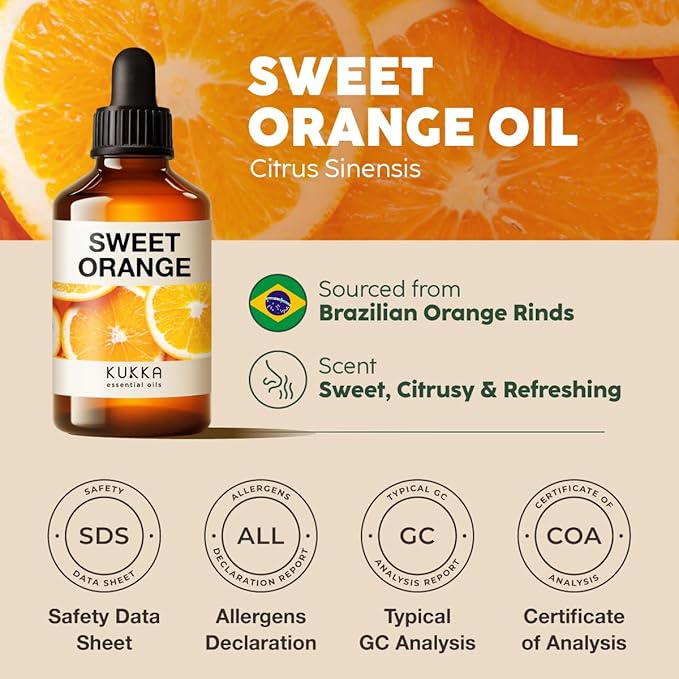 Kukka Sweet Orange Essential Oil for Diffuser & Skin - 4 Fl Oz - 100% Pure Natural Orange Oil, Citrus Scent, Cleaning for Aromatherapy & Soap Making Scent DIY