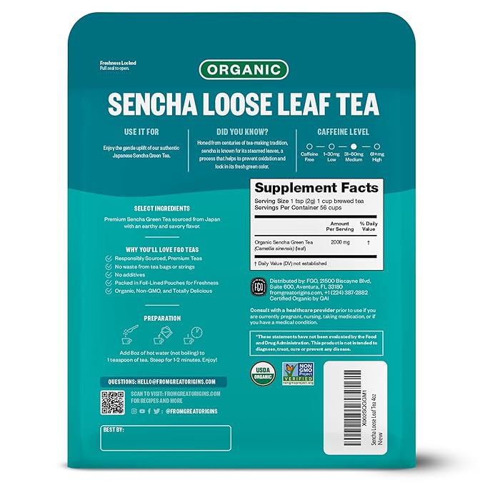 FGO Organic Sencha Green Tea, 4 Ounce Loose Leaf, Resealable Bag, Sourced from Japan, Packaging May Vary (Pack of 1)