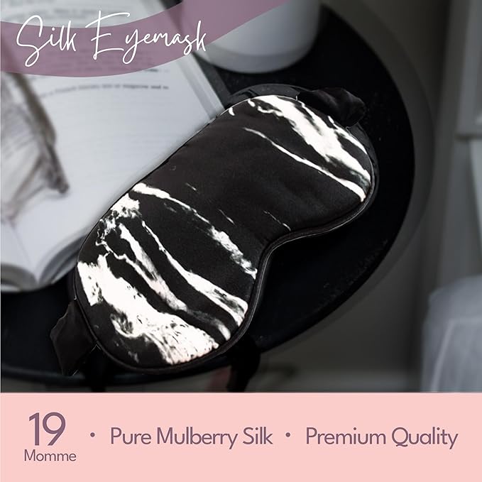 Celestial Silk Mulberry Silk Sleep Eye Mask with Adjustable Elastic Strap (Normal - Adjustable, Black Marble)