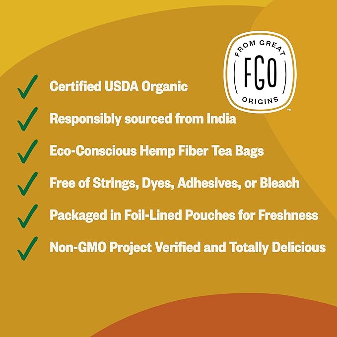 FGO Organic Turmeric Ginger Herbal Tea, 20 Count, Eco-Conscious Tea Bags, Caffeine Free, Resealable Bag, Packaging May Vary (Pack of 1)