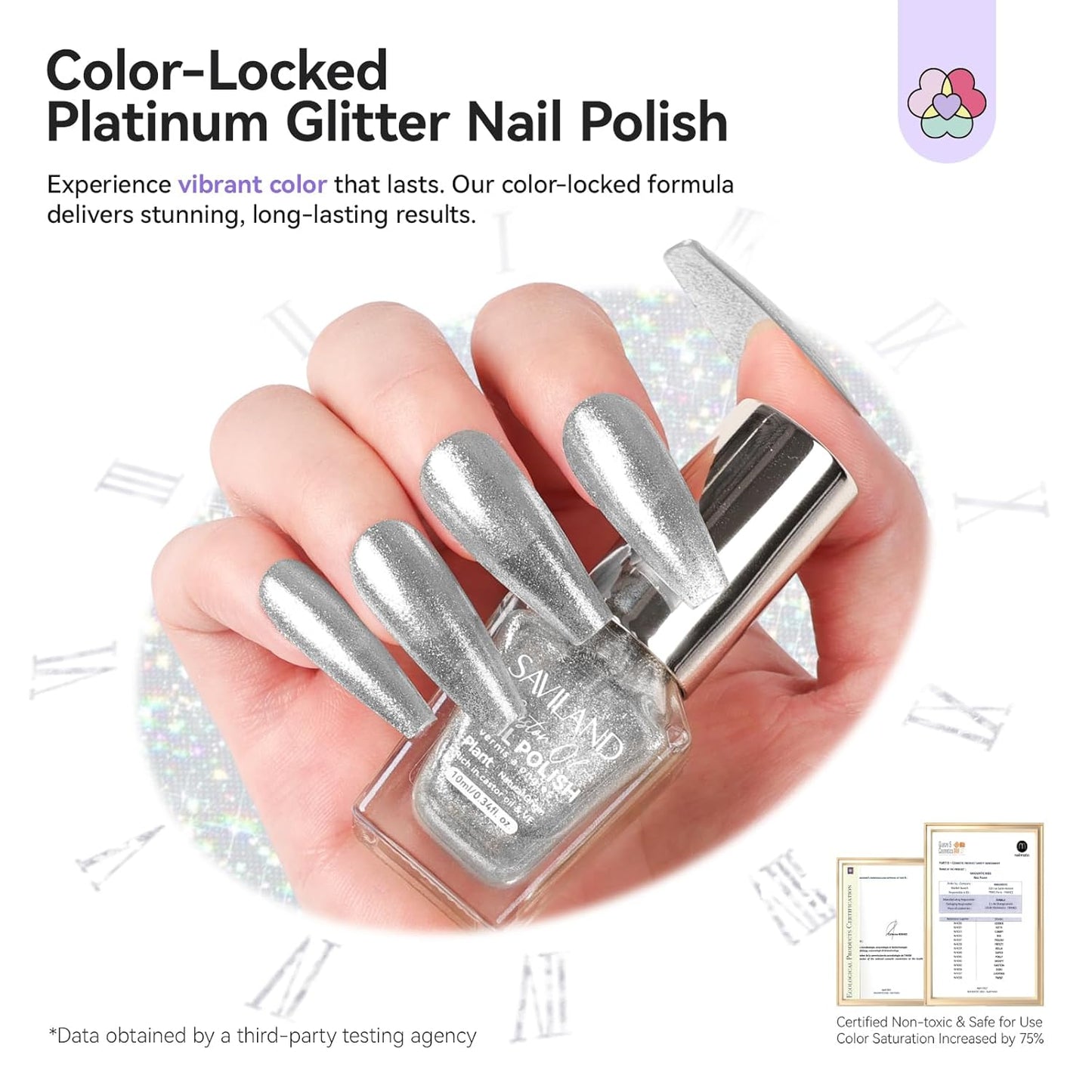 SAVILAND Color Artistry Sparkle Silver Nail Polish - 7 Days Shimmer Glitter Fingernail Polish Non Gel, Air Quick Dry Long Last Shine Diamond Silver Nail Lacquer Toe Nail Art Salon Manicure Home