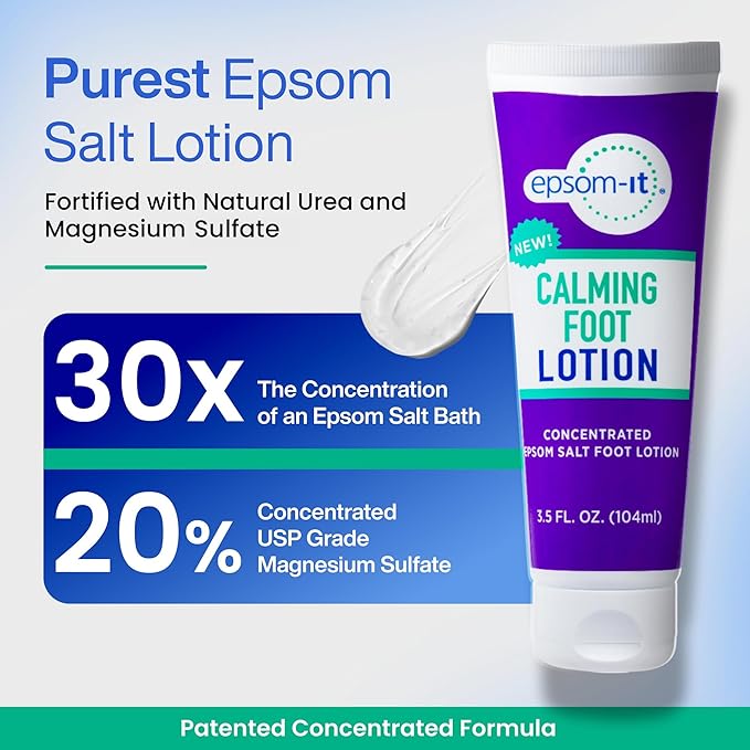 EPSOM-IT Calming Foot Lotion - Topical Magnesium Cream for Tired Feet & Ankles, Epsom Salt Magnesium Sulfate Rub with Urea, Soften Tough Skin & Cracked Heels, Stiffness in Legs, Knees and Feet, 3.5oz