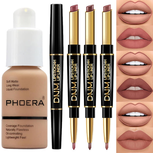 PHOERA Foundation Full Coverage,3Pcs Lip Liner and Lipstick Set Chestnut Nude Brown for Matte Finish, PHOERA Makeup Wrinkles Matte Natural Finish for a Flawless Complexion(105- Sand+Lip SetA)