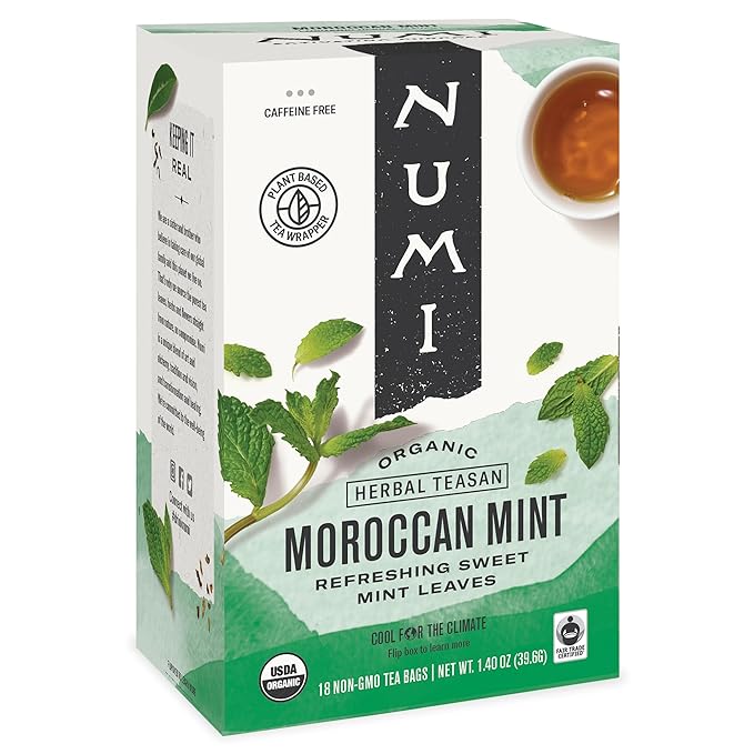 Numi Organic Moroccan Mint Tea, 18 Tea Bags, Refreshing Nana Mint, Caffeine Free Herbal Tea