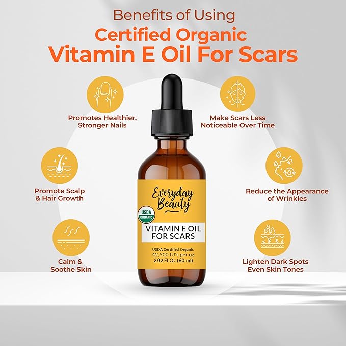 Organic Vitamin E Oil for Scars - All Natural & Vegan Skin Moisturizer 2.02oz - Light & Unscented Great for Scars After Surgery - Reduce Wrinkles, Anti Aging, Lighten Dark Spots -Face, Skin & All Over