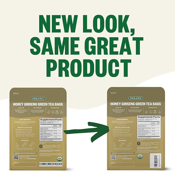 FGO Organic Honey Ginseng Green Tea, 100 Count, Eco-Conscious Tea Bags, Resealable Bag, Packaging May Vary (Pack of 1)