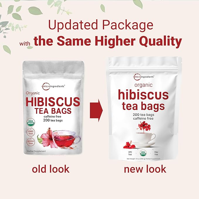Organic Hibiscus Tea Bags, 200 Count | Premium Source from Hibiscus Flowers | Caffeine Free Herbal Tea | Eco-Friendly Hemp Paper Tea Bags | Non-GMO, No Sugar