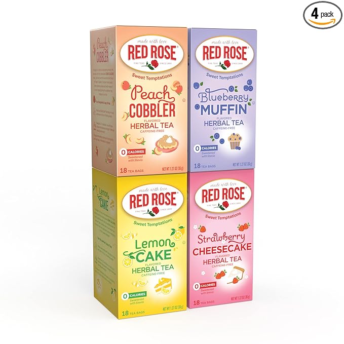 Red Rose Sweet Temptations Dessert Tea Variety Pack Summer Flavors, Zero Sugar, Caffeine-Free Flavored Delicious Beverage Herbal Tea, 18 Count Pack of 4 Fruit Naturally Flavored Herbal Tea