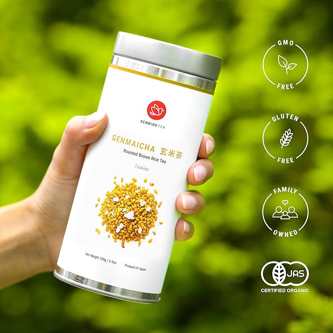 Senbird Organic Genmaicha, Caffeine-Free Japanese Mochi Rice Tea from Hokkaido Japan, Herbal Tea in Airtight Tin, 100g (3.5oz)