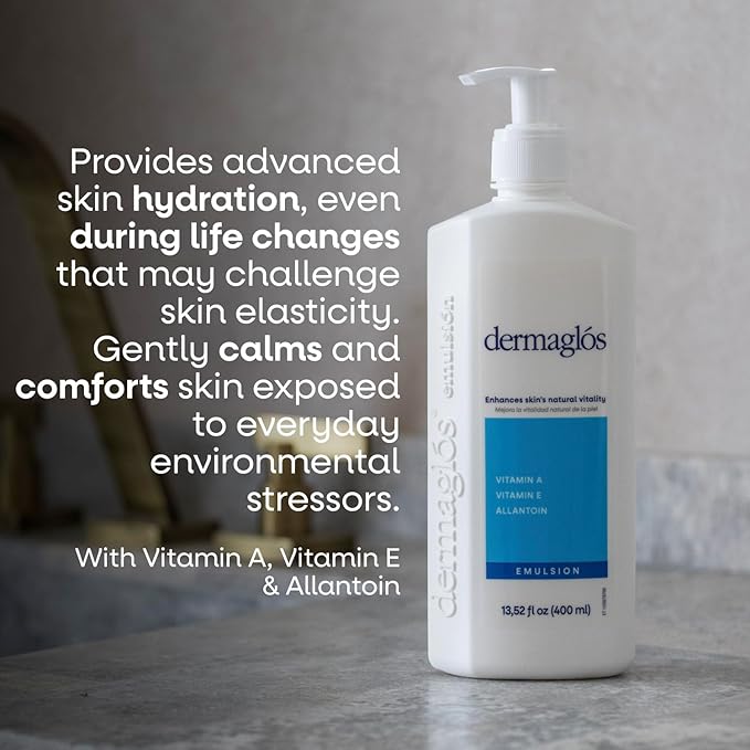Dermaglos Moisturizing Body Lotion for Dry Skin with Extra Vitamin A, Vitamin E & Allantoin | Hydrating Emulsion & Regenerating formula for Stretch Marks, Tattoos, Scars & Wrinkles | 13.52 Fl Oz