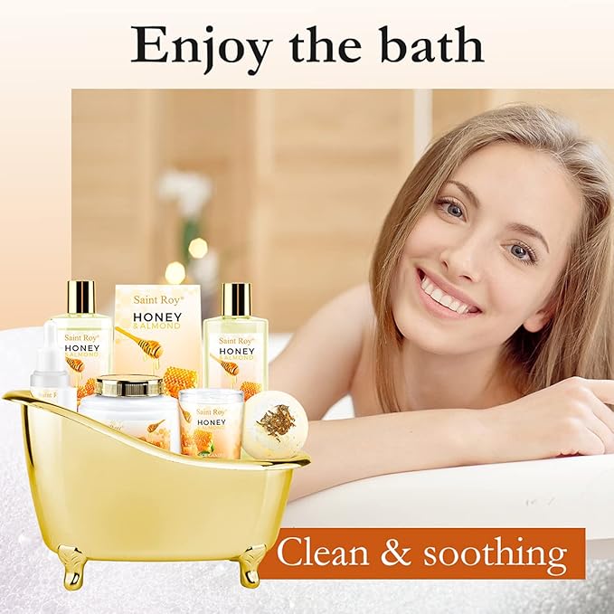 Bath spa Gifts for Her Spa Gift Basket, Honey Almond Spa Basket Bath and Body Set with Bath Bomb, Jojoba Oil & Lip Balm, Birthday Holiday Home Spa Gifts for Women & Men Fathers Day Mother day