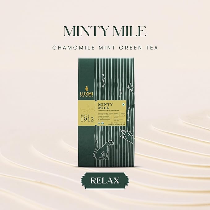 Luxmi Estates Minty Mile Chamomile Mint Green Tea 25 Tea Bags (50g) Pack | Certified Organic Green Tea | Low Caffeine Chamomile Tea | Mint Tea Bags Best for Night Time | 50 Cups
