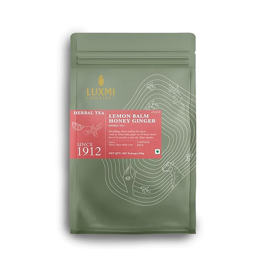 Luxmi Estates - Lemon Balm Honey Ginger - 50 Tea Bags | Organic Lemon Balm Tea with Honey and Ginger Root | Great for Soar Throat, Immunity and Stress Relief