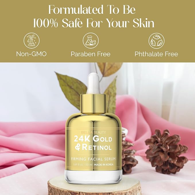 Bella Beauty 24K Gold & Retinol Face Serum - Reduces Age Spots, Fine Lines & Wrinkles, Lifting & Firming - Dermatologist Tested, Cruelty-Free Korean Skin Care for All Skin Types - 1.69 Fl. Oz