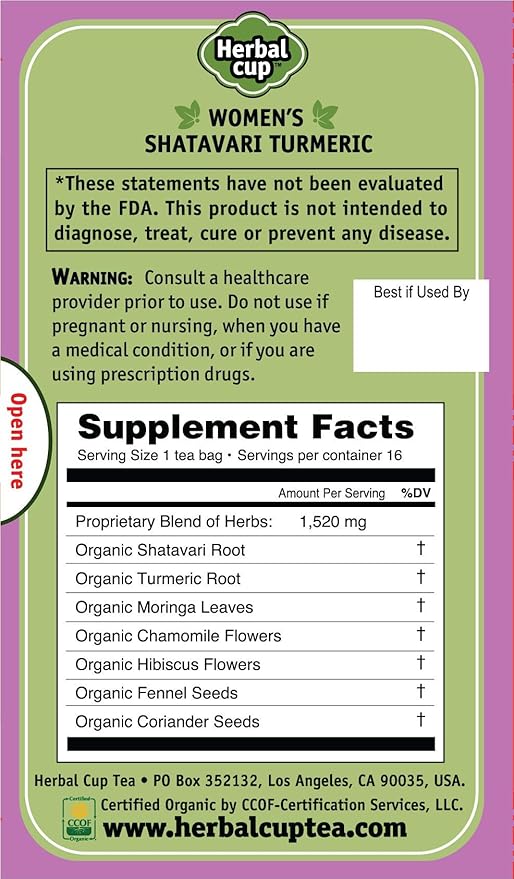 Herbal Cup Ayurveda Women's Tea, Organic Shatavari Turmeric, No Caffeine Herbal Teas (Women's Shatavari Turmeric, 16 Count (Pack of 1))