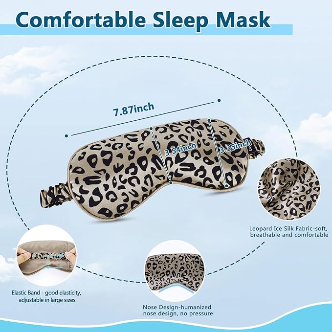 Sleep mask w/Cooling Gel Eye Mask, Heated Eye Mask for Sleeping, Reusable Ice Silk Stain Eye Cover Sleeping Mask for Travel, Home, Office, Yoga, Total Blackout, Stocking Stuffers (Leopard)